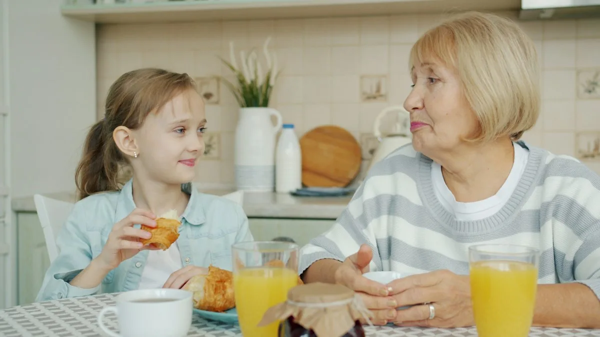 A grandmother and her granddaughter sharing breakfast
