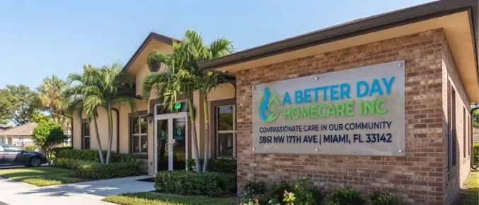 The A Better Day Homecare office at 5861 NW 17th Ave, Miami — a single-storey building with palms outside and a sign reading Compassionate Care In Our Community