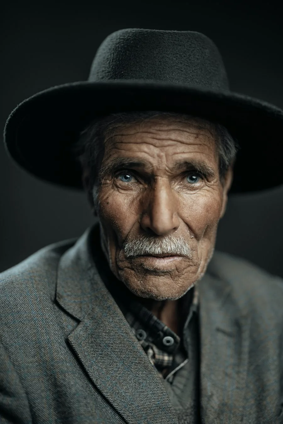 An older man in a hat looking towards the camera